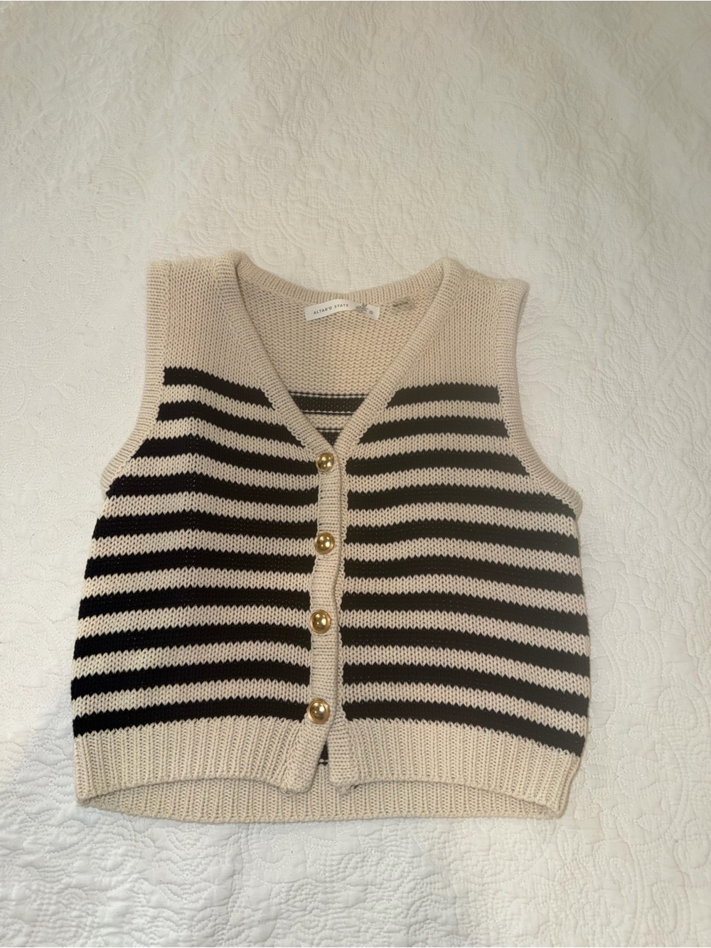 Altar’d State Striped Knit Button-Front Vest in Cream and Black